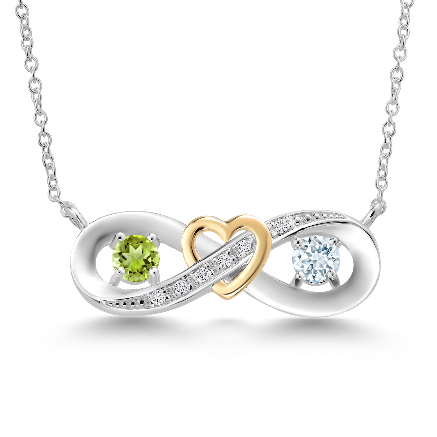 925 Silver and 10K Yellow Gold Green Peridot Sky Blue Aquamarine Two-Tone Heart Interlocking Infinity Symbol Lab Grown Diamond Pendant Necklace for Women (0.61 Cttw, with 18 inch Chain)