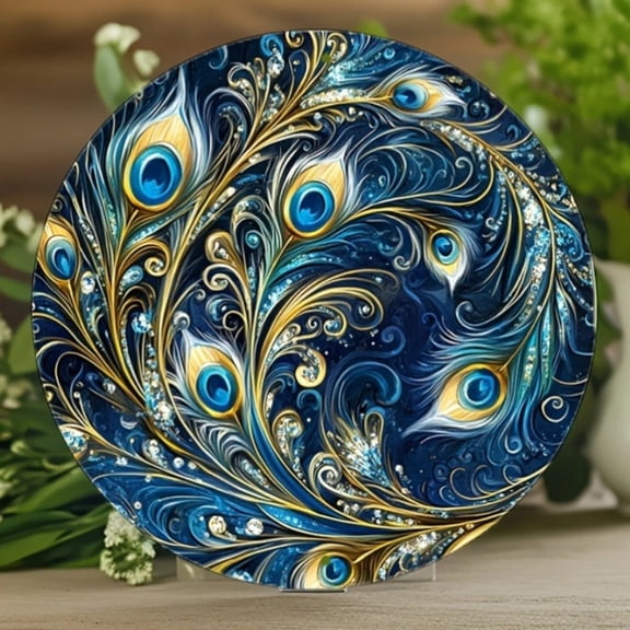 HELLOYOUNG Vintage Peacock Feather Metal Sign 8x8 Inch Blue Golden Aluminum Wall Art Decor