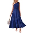 thumbnail image 1 of Vestido PRETTYGARDEN Maxi Azul con Volantes y Nudo de Un Hombro Talla L, 1 of 8