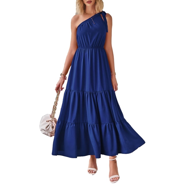 Vestido PRETTYGARDEN Maxi Azul con Volantes y Nudo de Un Hombro Talla L