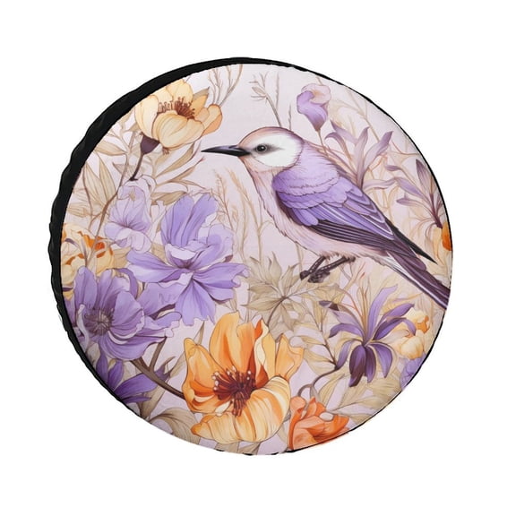 Camping Spare Tire Cover 12inch Purple Bird with Flowers Weatherproof Wheel Protectors Spring Vintage Bird And Flower Pattern Universal Fit for Trailer SUV Truck Camper Travel Trailers Accessories