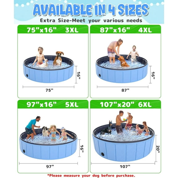 Oversize Foldable Dog Pool 75" x 16", Leakproof PVC Pet Bathing Tub for Dogs and Kids, Blue