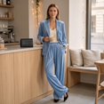 thumbnail image 5 of Szluipve 2 Piece Sets for Women Velvet 2 Piece Suit Outfit Notched Lapel Button Blazer Jacket & High Waist Wide Leg Pleated Pants Elegant Casual Matching Set with Pockets Sky Blue M, 5 of 8