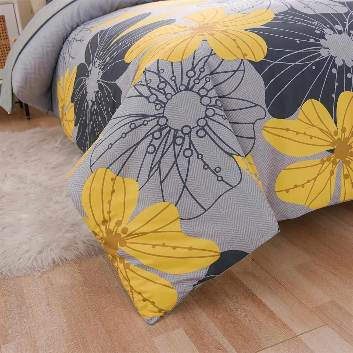 NTBED Floral Comforter Set Queen 6 PCS Bed in a Bag Yellow Flowers Printed on Grey Botanical Bedding Sets Boho