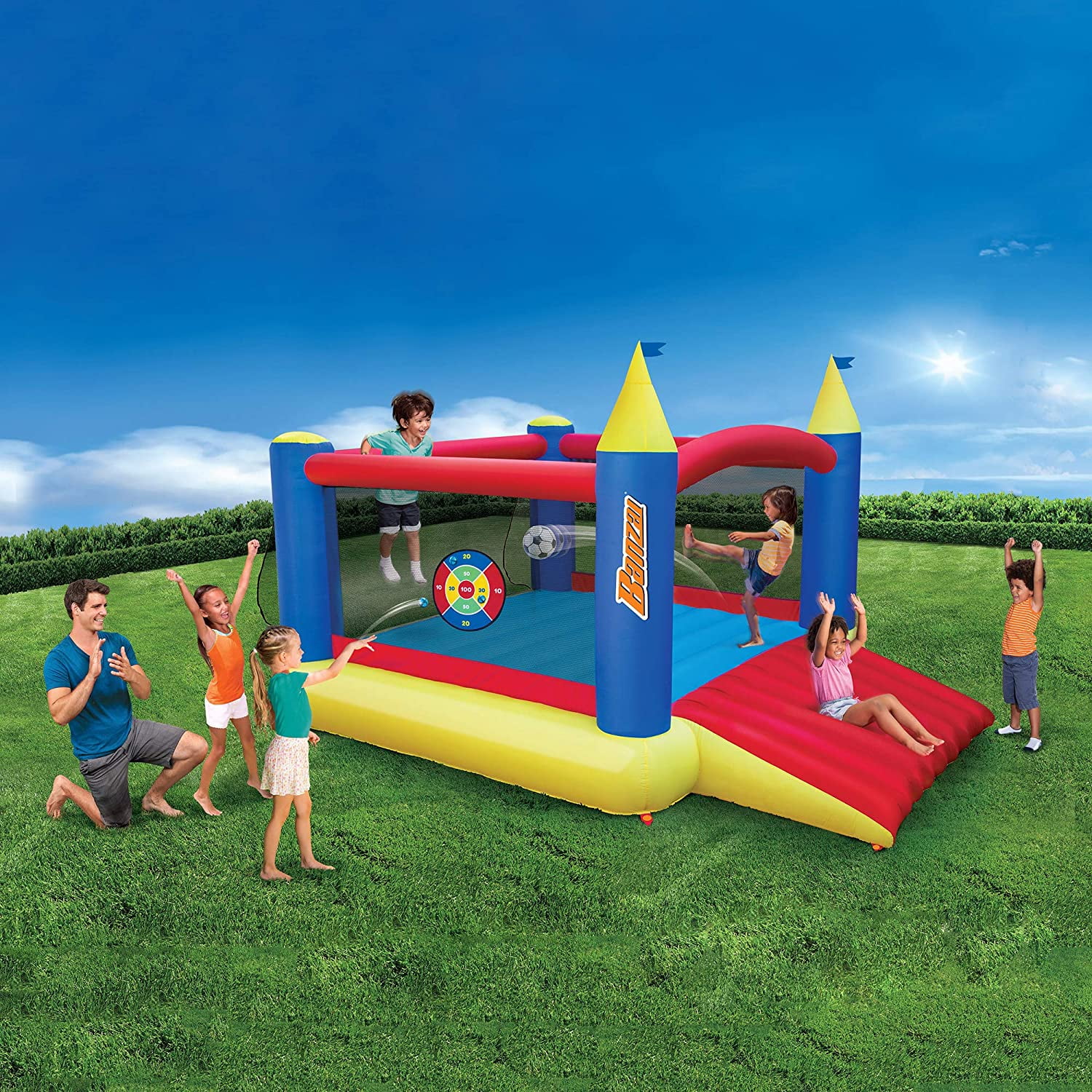 Banzai Inflatable Water Slide & Bounce House (Combo Pack)- Huge Heavy Duty Summer Outdoor Kids Adventure Park Pool w Sprinkler Wave and Slide Plus Large Bonus 12â€™x9 Bounce House- Free Blower