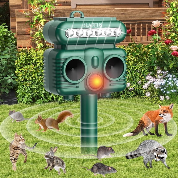 Solar Ultrasonic Animal Repelent Outdoor, Deer Squirrel Cat Raccoon Rabbit Dog Skunk Fox Deterrent with Flash Light for Garden Yard Lawn Farm Orchard, IP 65 Waterproof, Motion Detection