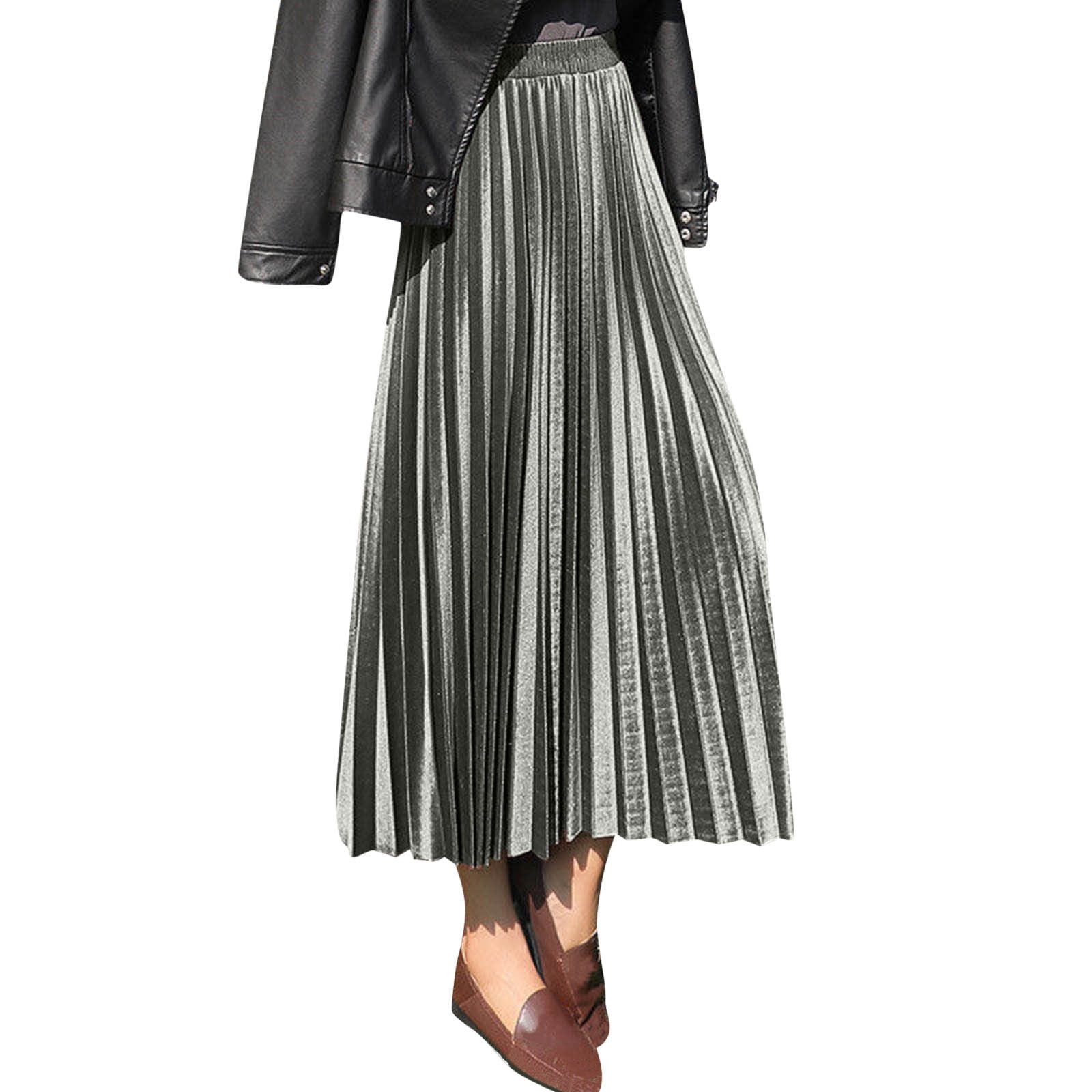 WTXUE Skirts, A-Line Faldas Largas De Mujer Casuales, Women Casual Long Half Skirt High Waist Pleated Skirt Solid Maxi Women, Gray Size S