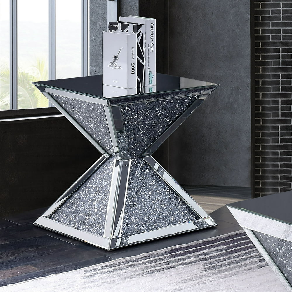 Furniture of America Maddox Mirrored Geometric End Table, Silver