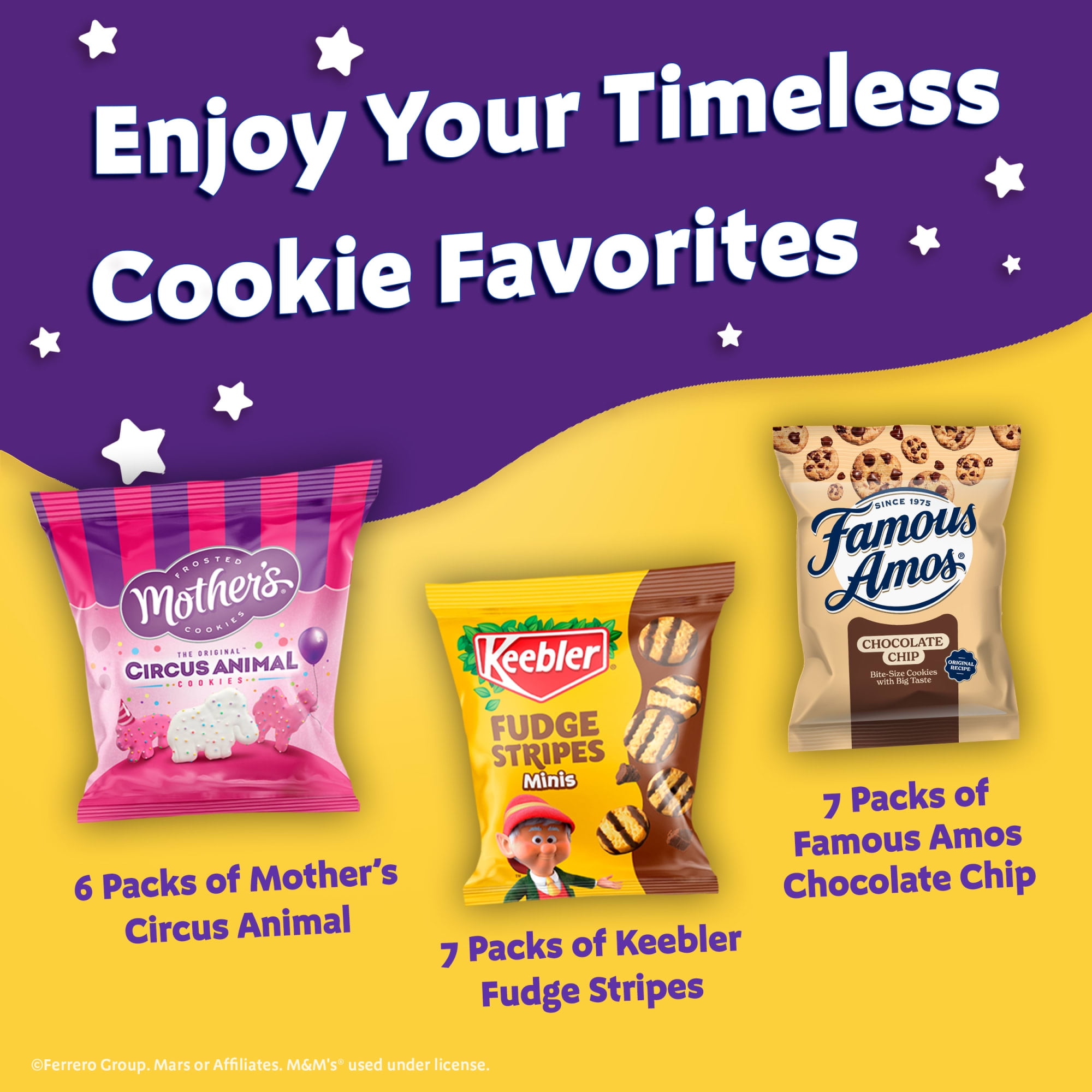 (4 pack) Assorted Cookie Classics Variety Pack - Mother’s Circus, Keebler Fudge Stripes & Famous Amos, 20 Pouch Box, 20 oz