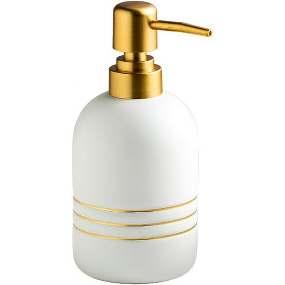 Elegant Cylinder-Shaped Soap Dispenser, Matte Ceramic Bottle Designed with Simple Golden Lines(Black)