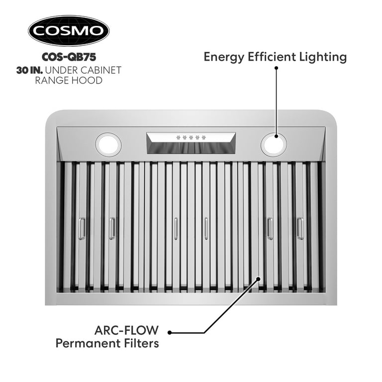 Cosmo COS-QB75 30 in. Ducted Under Cabinet Range Hood in Stainless Steel with Push Button Controls, LED Lighting and Permanent Filters