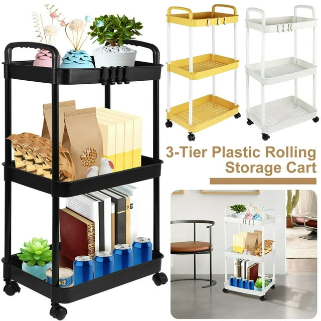 3-Tier Rolling Storage Cart Small Utility Cart Organisation Cart with Lockable Wheels Storage Rolling Trolley Organiser Rack Cart for Kitchen Bathroom Living Room Bedroom Spaces