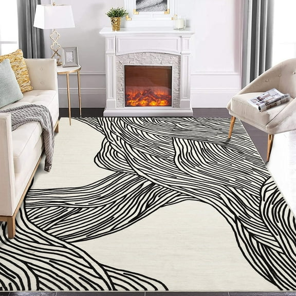 Tzou 6x9 Non-Shedding Washable Area Rugs for Living Room, Nonslip Contemporary Geometric Minimalist Striped Carpet for Home Office, Black/White