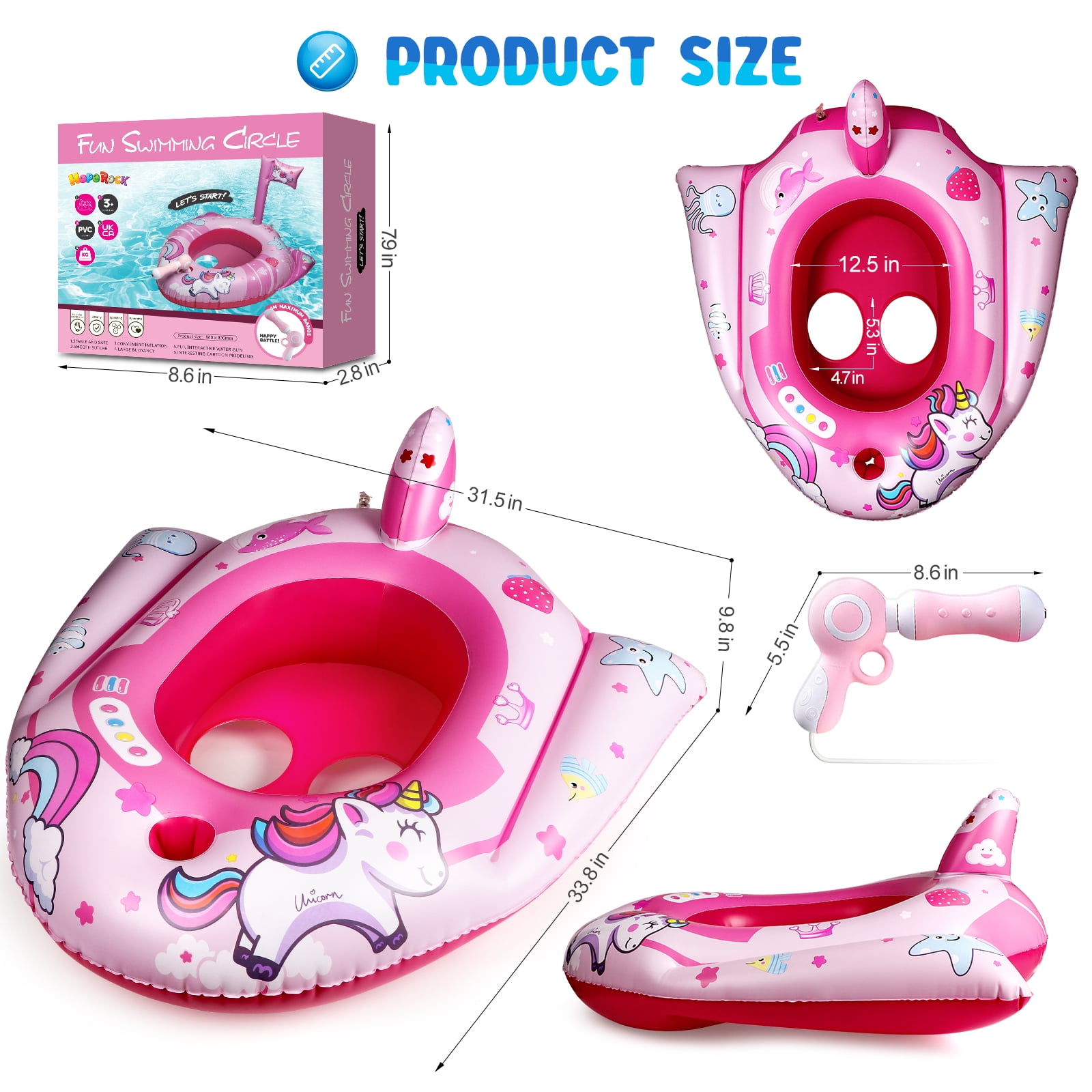 Hot Bee Kids Pool Float with Water Squirt Gun, Inflatable Pool Toys for Toddlers, Ride-on Unicorn Swimming Pool Toys, Outdoor Toys for Boys and Girls for Aged 3-8 Years