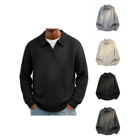 Atkumj Knit Pullover Sweater for Men Trendy Turn Down Collar Vertical Rib Knit Ribbed Sweater Versatile Loose Solid Color Long Sleeve Mens Fall Sweater M