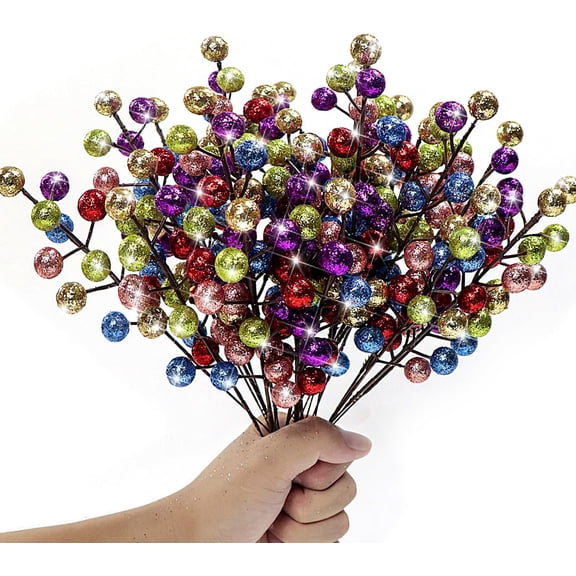 Artificial Colorful Berry Stems, 24 Pack 8.7" Christmas Glitter Berries Stems Artificial Fruit Berry Holly Flower Branch Picks Home Holiday Wedding Party DIY Christmas Tree Crafts Decor