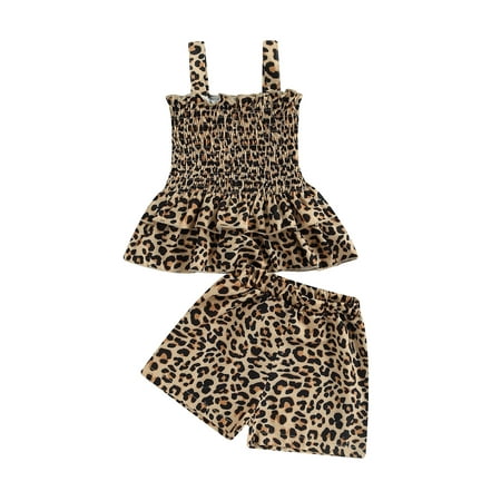 

Suanret Toddlers Baby Girls 2PCS Pants Suit Leopard Patterns Wide Sling Ruched Ruffle Layers Top Shirt High Waist Short Pants Brown Leopard 2-3 Years