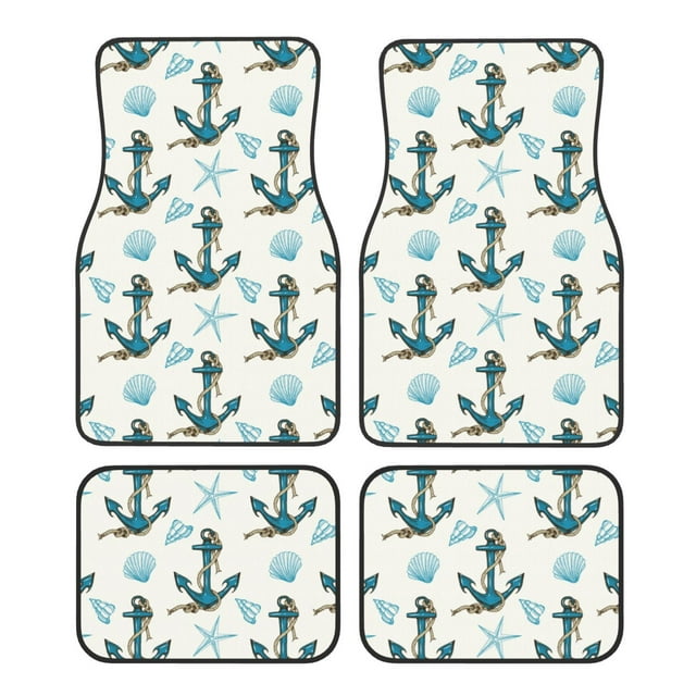 Lsque Ancres et Coquillages Imprimés Ensemble de 4 Tapis de Sol, Doublures en Caoutchouc Résistantes, Design Antidérapant, Protection Automobile Toutes Saisons, Véhicules, Voitures, Camions et SUV