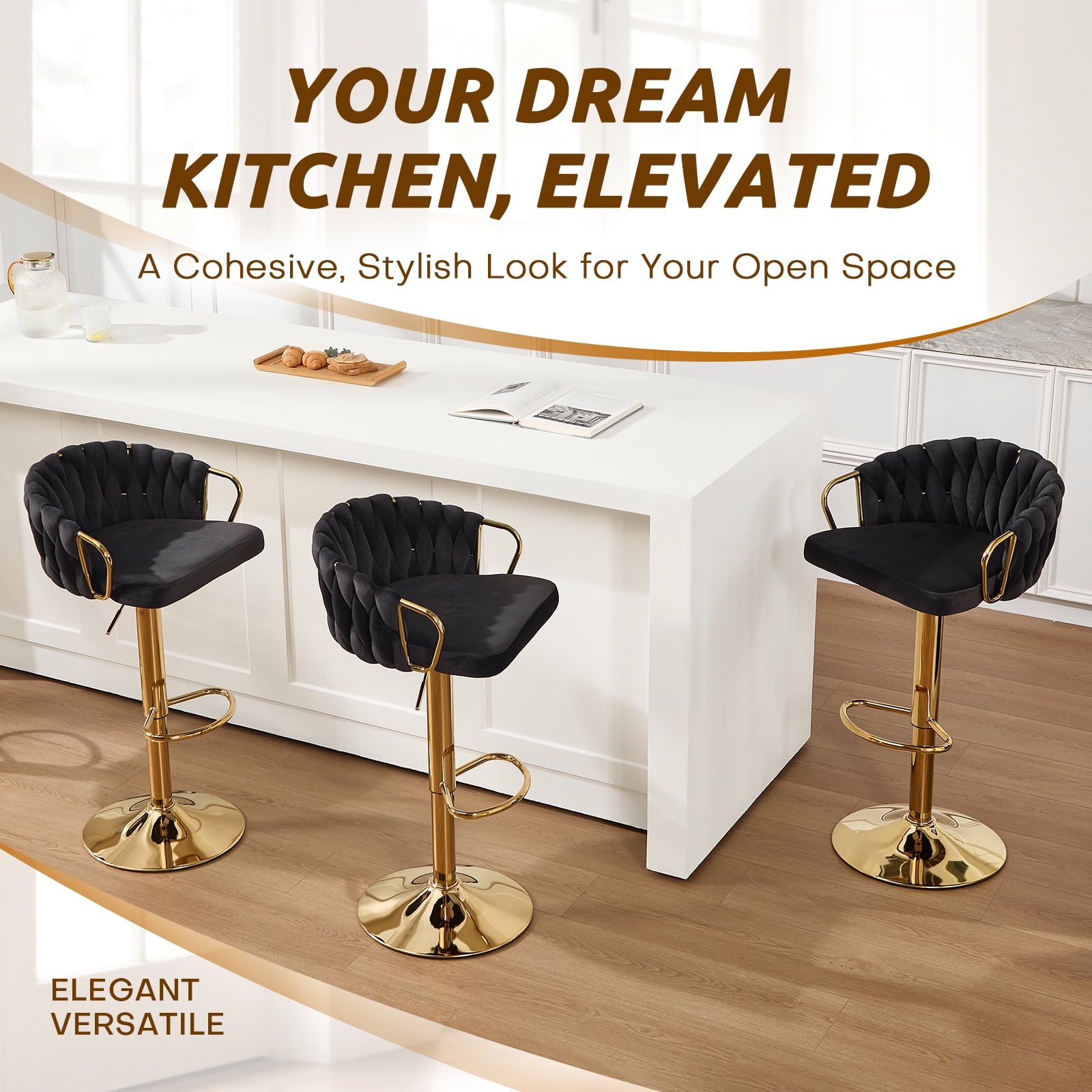 Lessmore Luxury Velvet Swivel Bar Stool Set of 4 - Adjustable Height, Beige, Gold Base