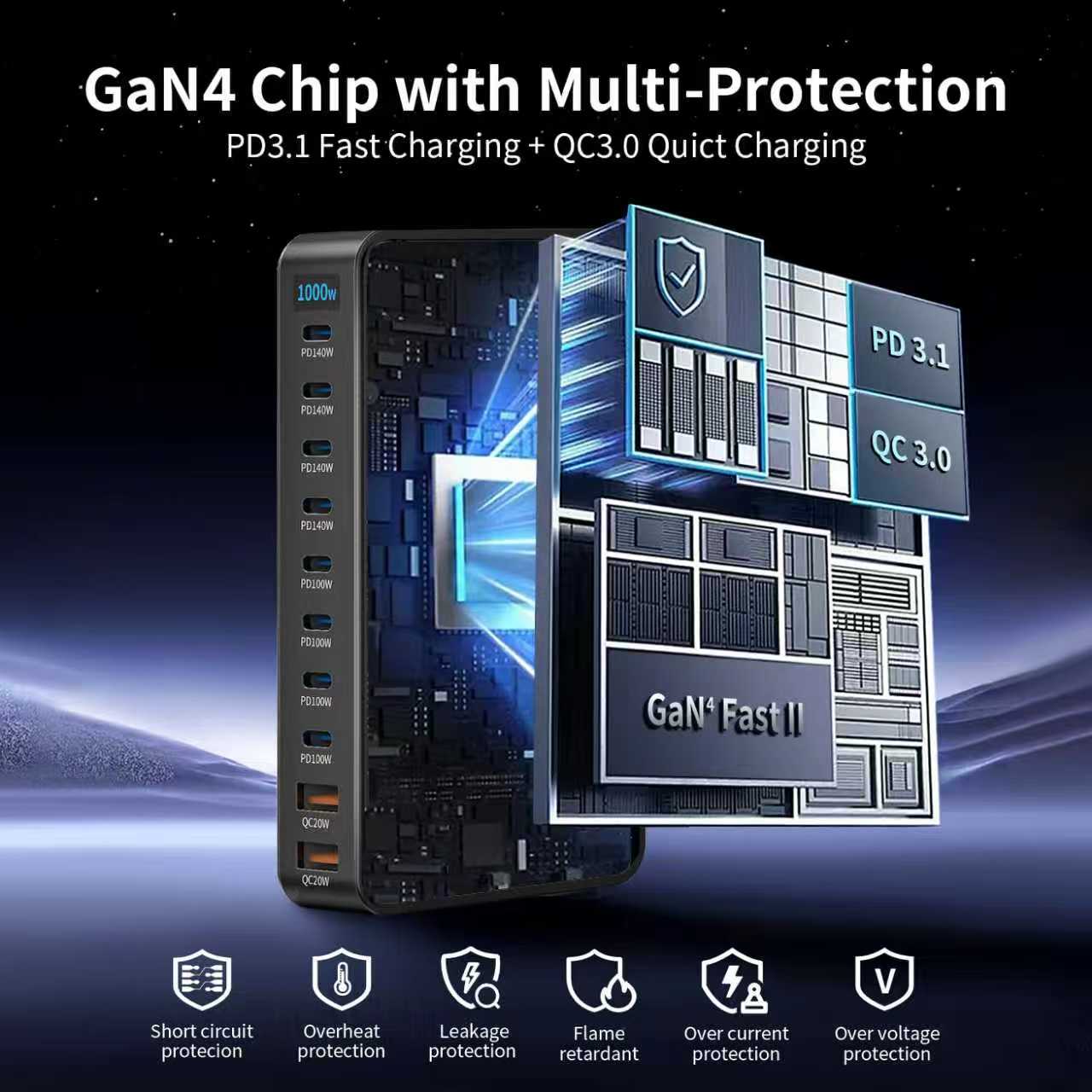 Famous Tech Shop 1000W 11-Port USB Charging Station Hub with 240W USB-C Cable, Stand, Power Cord, Protection for MacBook, Samsung Galaxy
