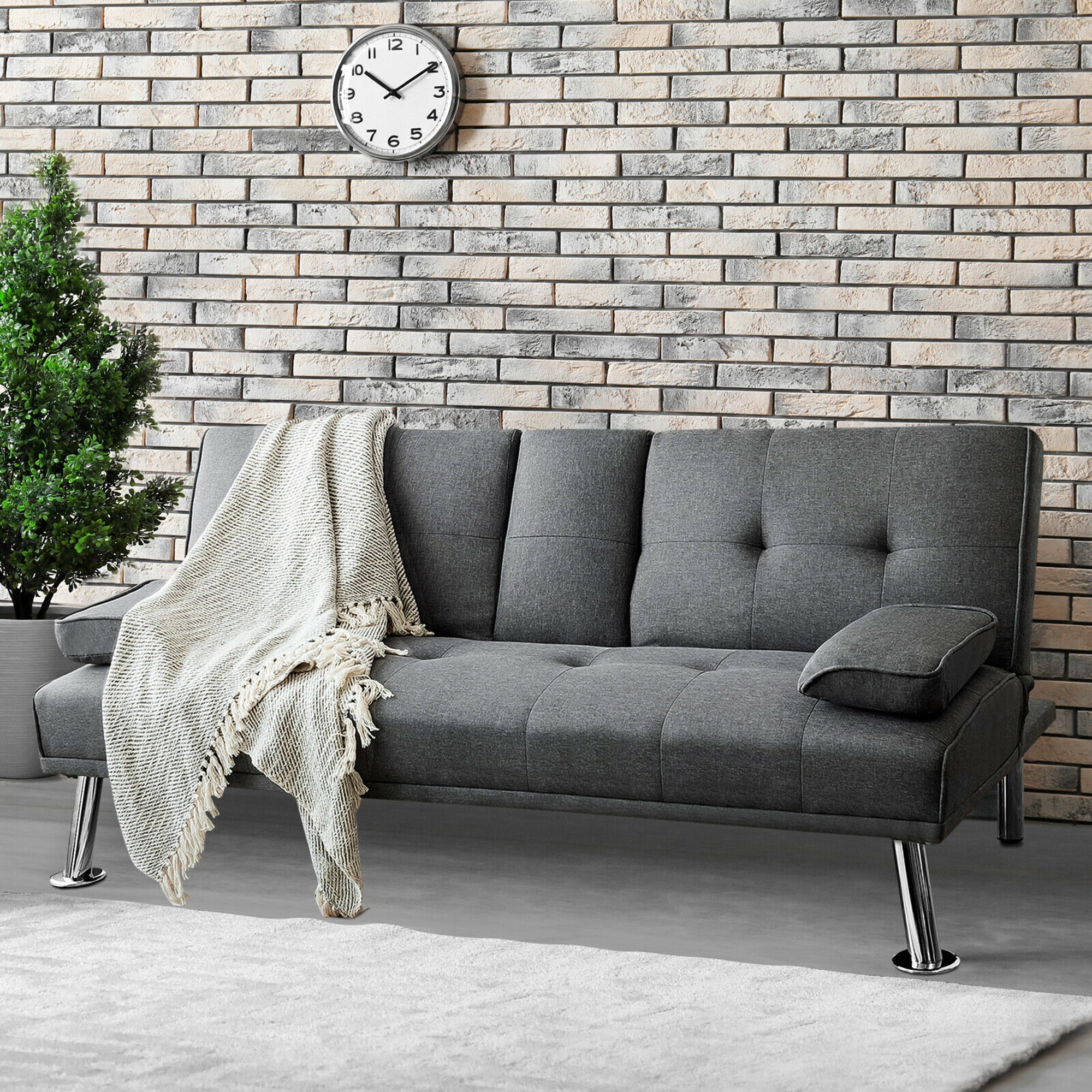 Gymax Folding Futon Sofa Bed Fabric w/2 Cup Holders Dark Gray