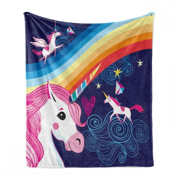 Unicorn Soft Flannel Fleece Throw Blanket, Colorful Arrangement of Mythical Animals in the Sky with Rainbows Girly Design, Cozy Plush for Indoor and Outdoor Use, 50" x 60", Multicolor, by Ambesonne