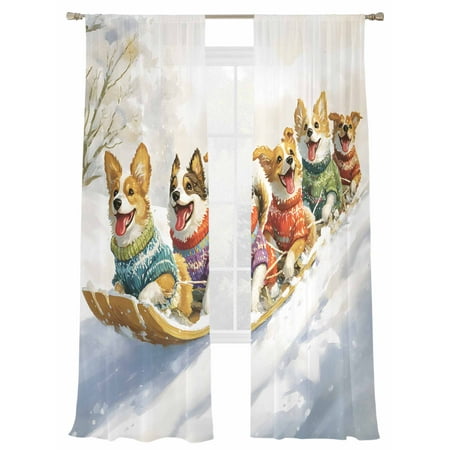 Dog Sled Ski Sheer Curtains 84 inches Long 2 Panels Set Winter Snow Sweater Christmas Tiers Sheers Rod Pocket Small Window Short Curtains for Kitchen Cafe Each 52 W x 84 L