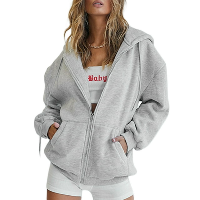Fortune Women Loose Hoodies Coat Fall Solid Color Zipper Open Front Hooded Jacket