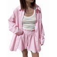 thumbnail image 3 of Women'S Cotton Summer 2 Piece Sets Long Sleeve Button Down Shirts Short Sets Vacation Outfits Pink M, 3 of 9