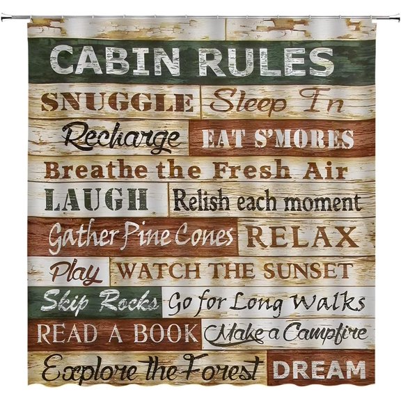 Lake Rules of Cabin Shower Curtain Vintage Wooden Lake Rules Rustic Lodge Funny Inspirational Quotes Plank Camping Retro Farmhouse Bathroom Decor Fabric Curtain with Hooks