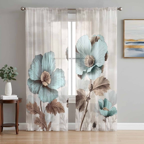Sheer Curtains 96 Inches Long, Tulip Flower Light Filtering Window Curtains for Living Room, Teal Brown Vintage Floral Plant Botanical Rod Pocket Voile Sheer Curtain Drapes, 52"W x 96"L, 2 Panels
