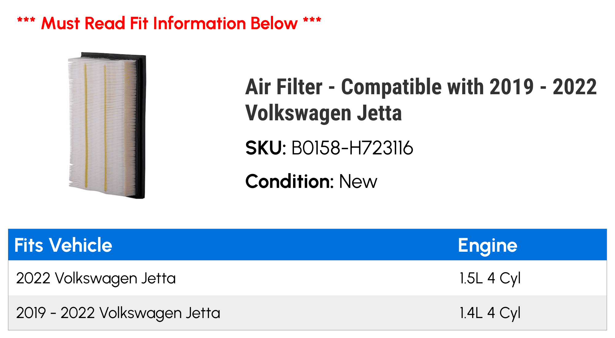 Pronto B0158-H723116 Engine Air Filter for 2019-2022 Volkswagen Jetta