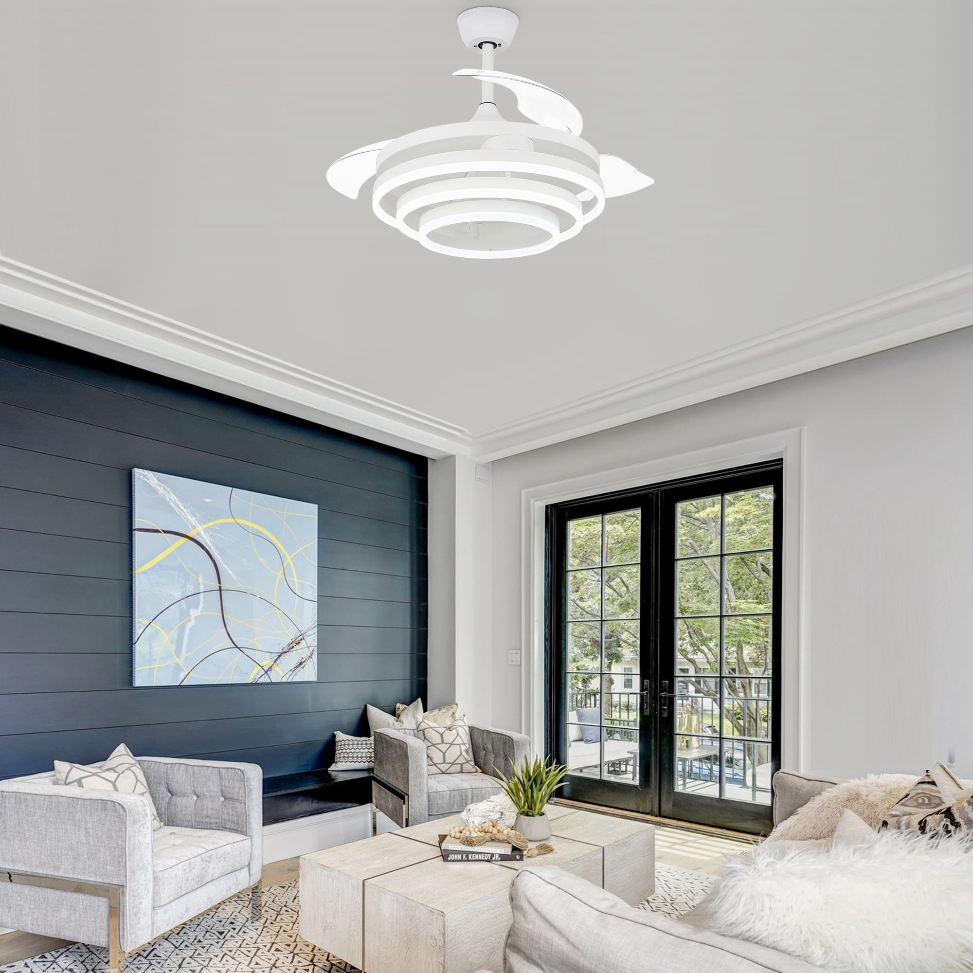 42" White Retractable Ceiling Fan with LED Light and Remote Control , DIY Shape Reversible Ceiling Fan with 6-Speeds