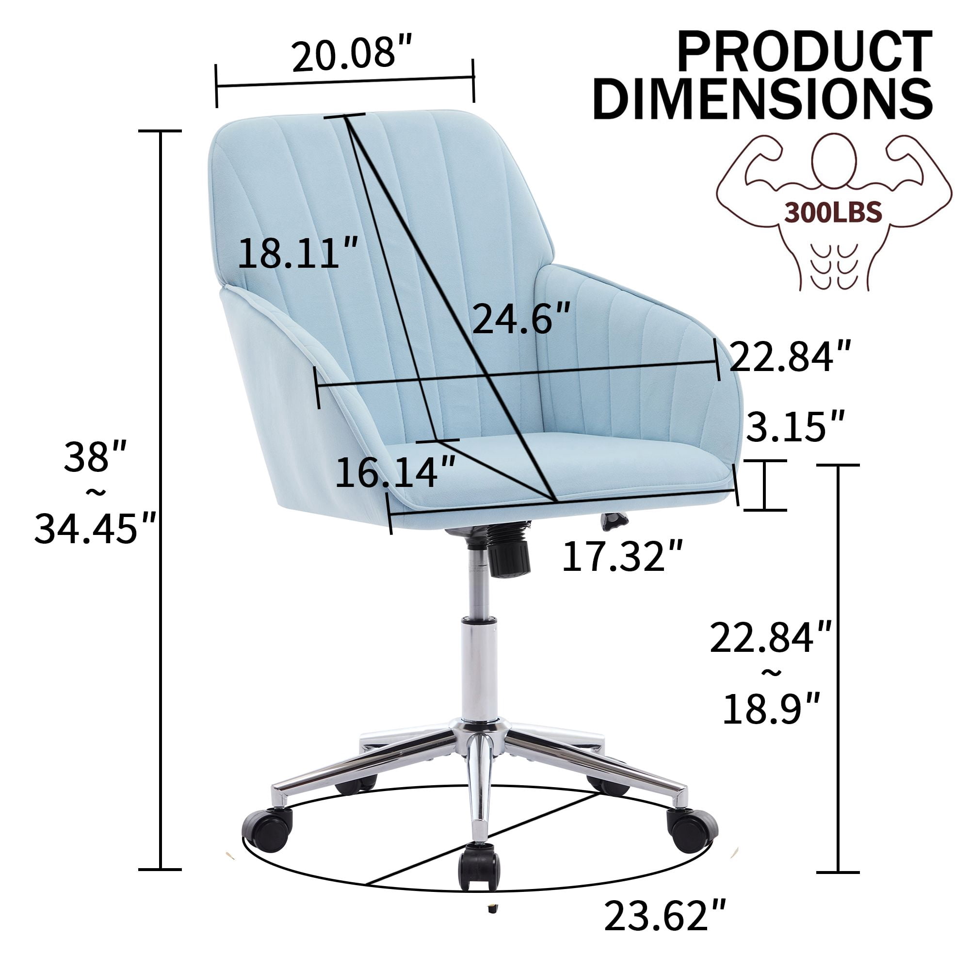 Baby Blue Velvet Ergonomic Office Chair - Adjustable Swivel Task Chair with Lumbar Support - Comfortable Home & Bedroom Desk Chair - Sturdy Silver Base - Ideal for Workspaces