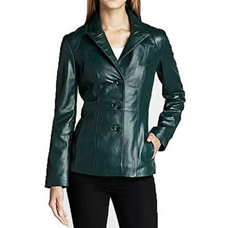 Fully Lined Leather Blazer - Neiman Marcus Women's Leather Blazer-Teal-M