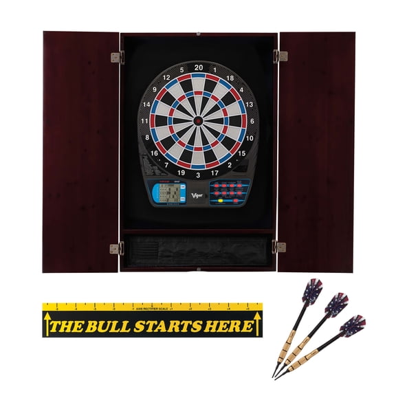 Viper Metropolitan Mahogany Soft Tip Dartboard Cabinet, Viper 787 Electronic Dartboard, Viper Elite Soft Tip Darts 18 Grams, and Throw Line Marker