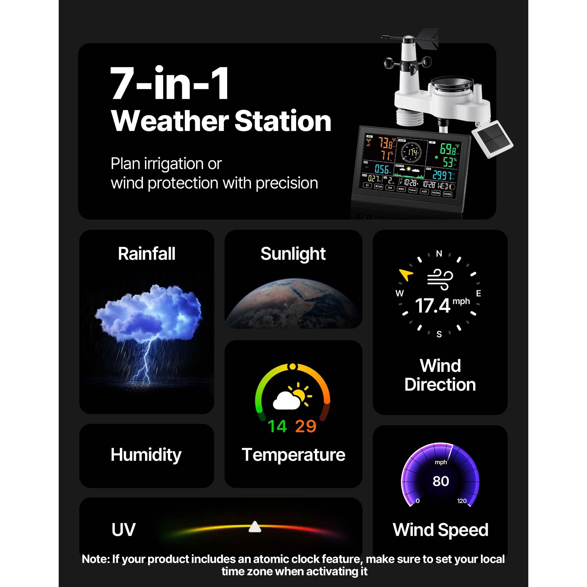 KFFKFF 7 in 1 Wireless Weather Station, with 7.5in VA Screen, Solar Weather Monitor for Rain Gauge, Weather Forecast, Temperature, Humidity, Wind Speed, and Direction (No WiFi)