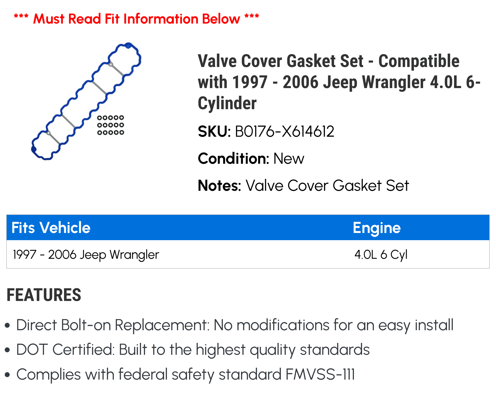Valve Cover Gasket Set Compatible with 1997 2006 Jeep Wrangler 4.0L 6-Cylinder  1998 1999 2000 2001 2002 2003 2004 2005
