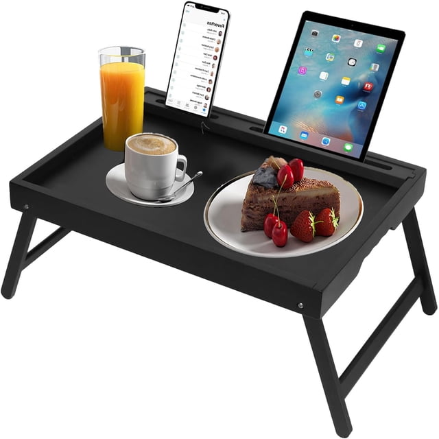 Foldable Bamboo Bed Tray Table with Handles, Media Slot, Black