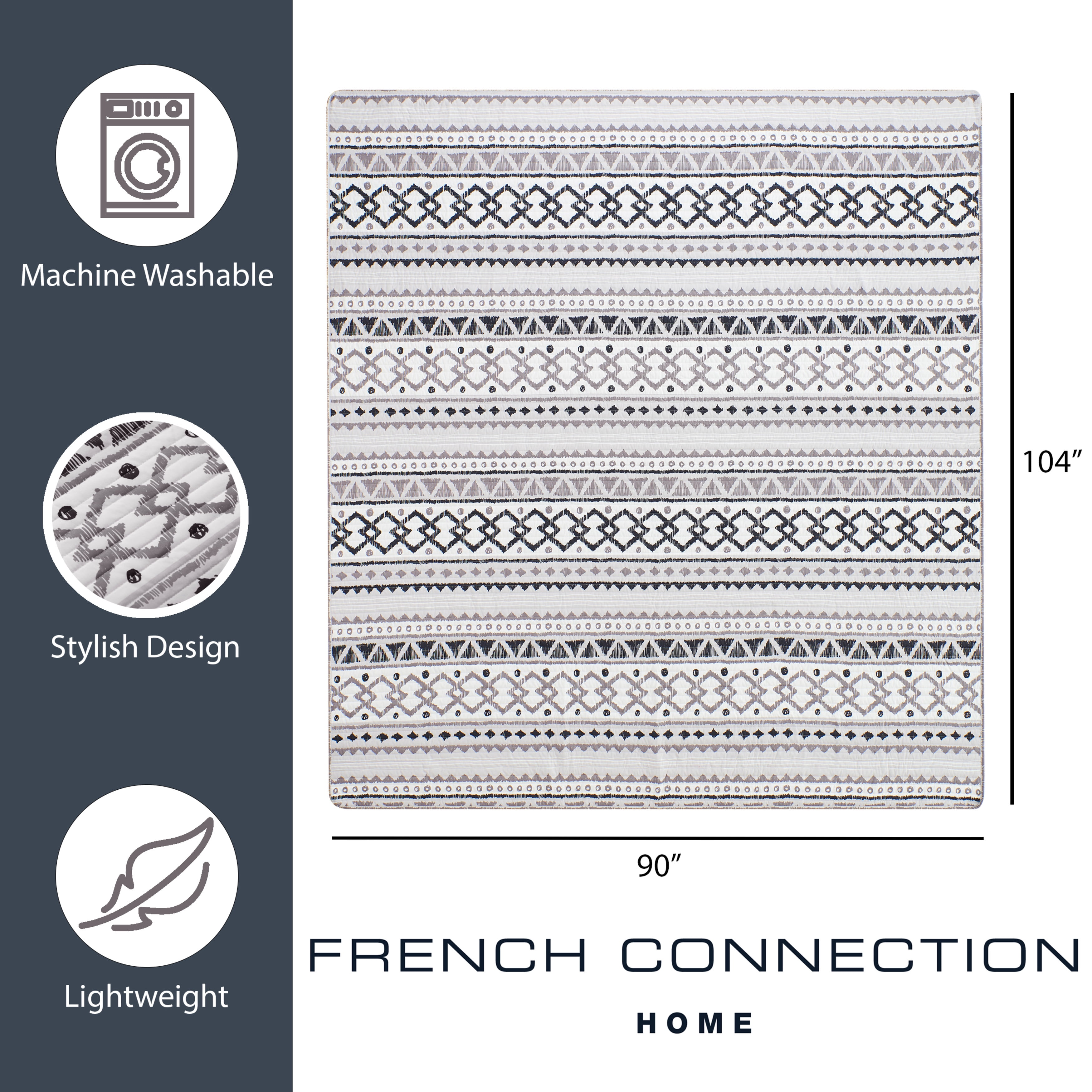 Bedding 3-piece Quilt Set, Black/White, King, Adair by French Connection