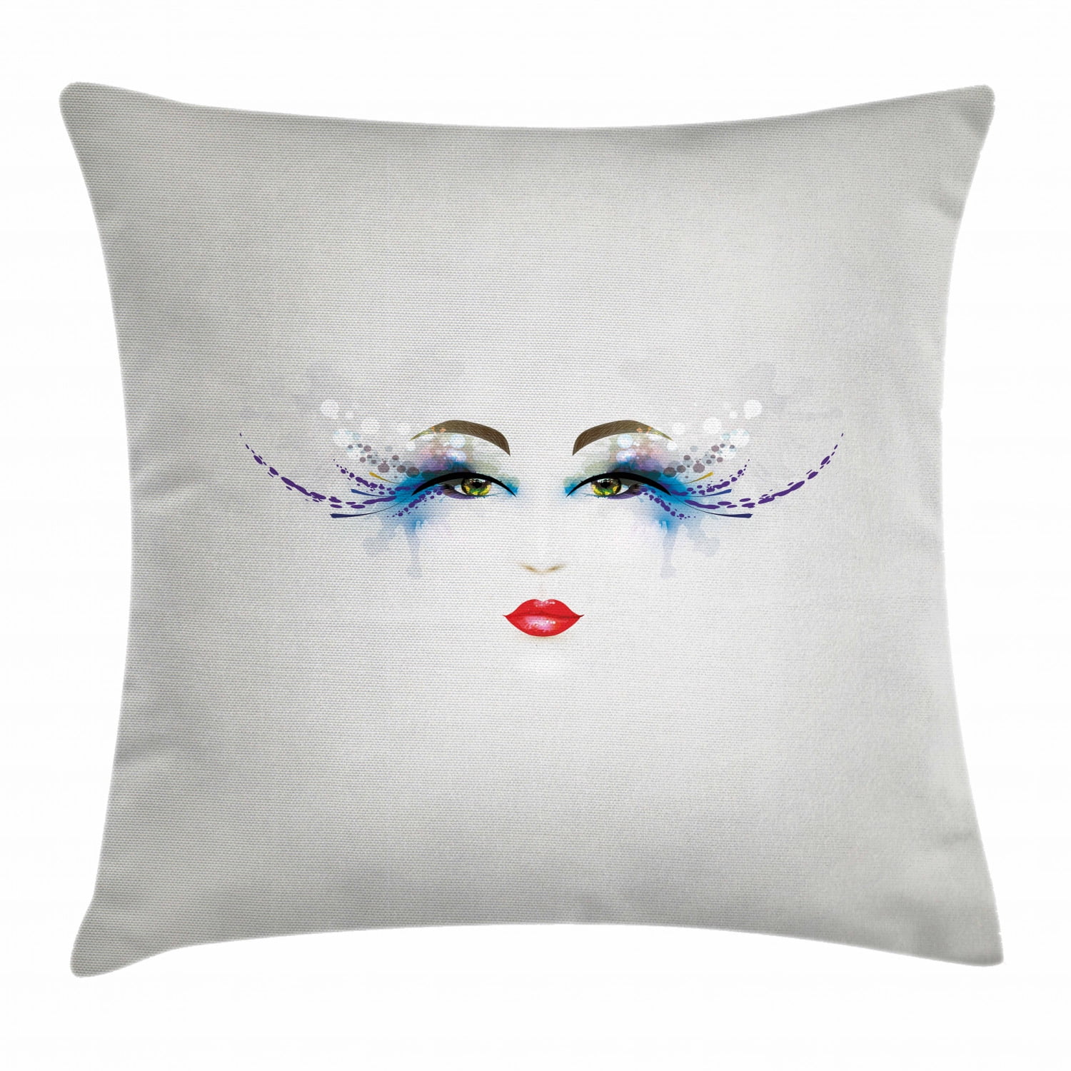 Eyelash Throw Pillow Cushion Cover, Young Woman Face with Fantastic