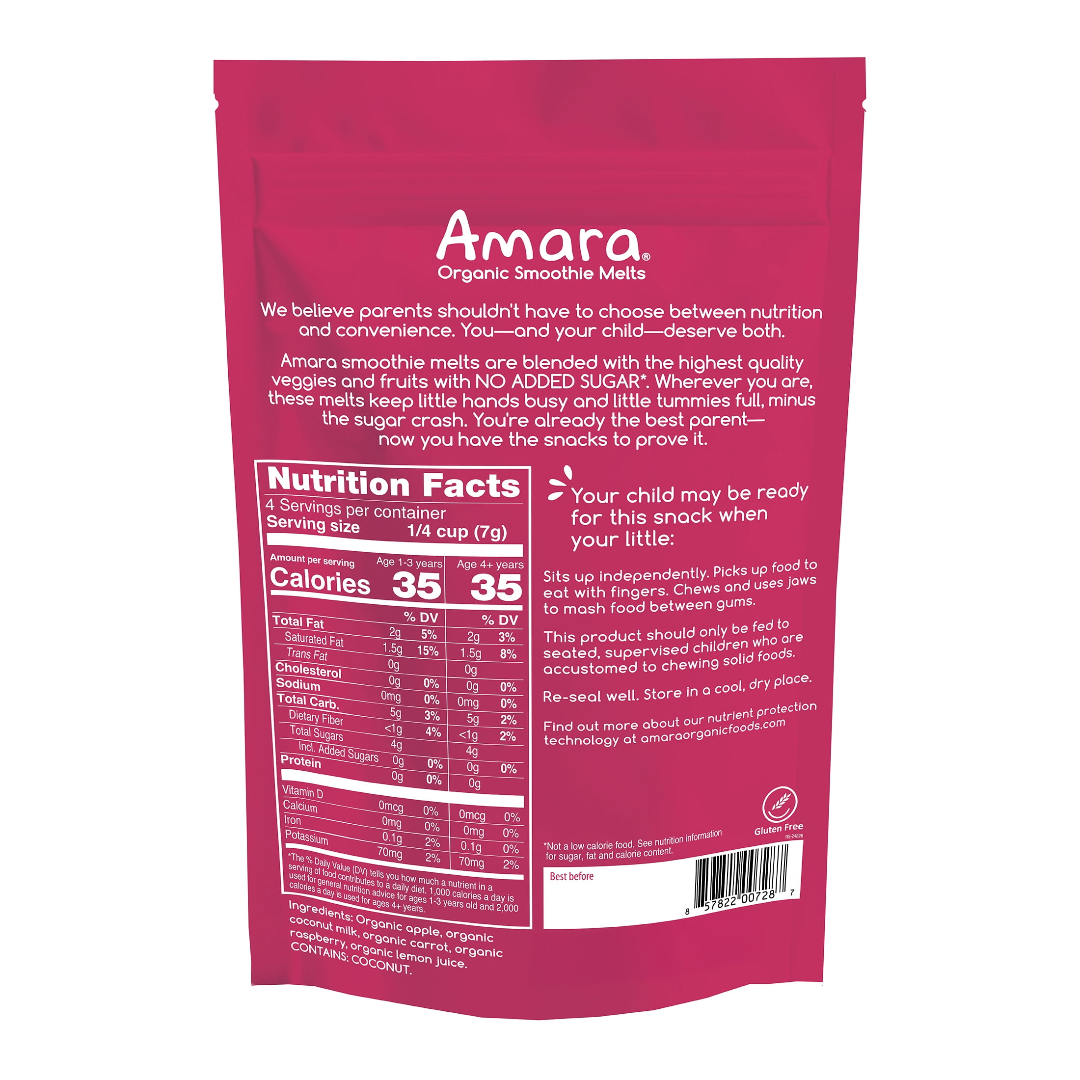 (8 pack) Amara Organic Smoothie Melts, Carrot Raspberry, Baby & Toddler Snack, No Added Sugar, Stage 2, 1 oz Bag