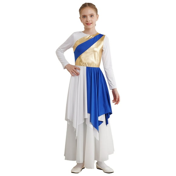 Sholeno Kids Girls Long Sleeve Praise Dance Dress Metallic Liturgical Worship Church Robe with Wide-Leg Pants Blue 6