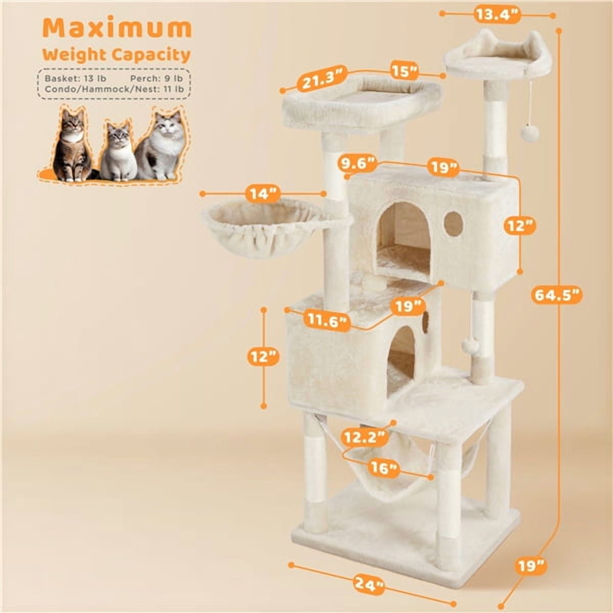 Yaheetech 64.5in Multi-level Large Cat Tree Condo Tower with Hammock Scratching Posts & Hammock, Beige