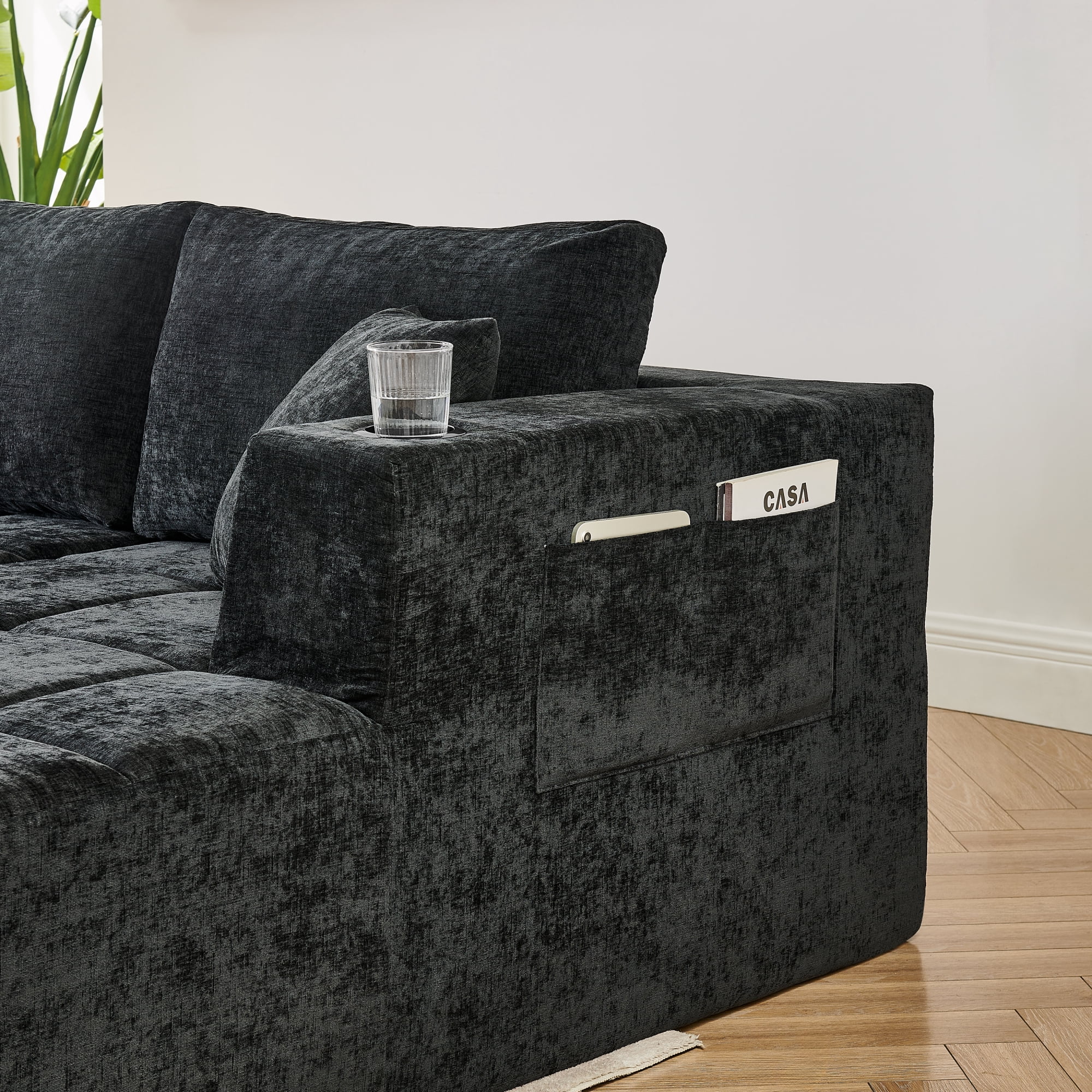 Leumius 132" U-Shaped Chenille Sofa, Cloud Style Boneless Sofa with Lounges, Modern Upholstered Couch with Cup Holders & Side Pockets, Compression Sofa for Living Room, No Assembly Required, Black