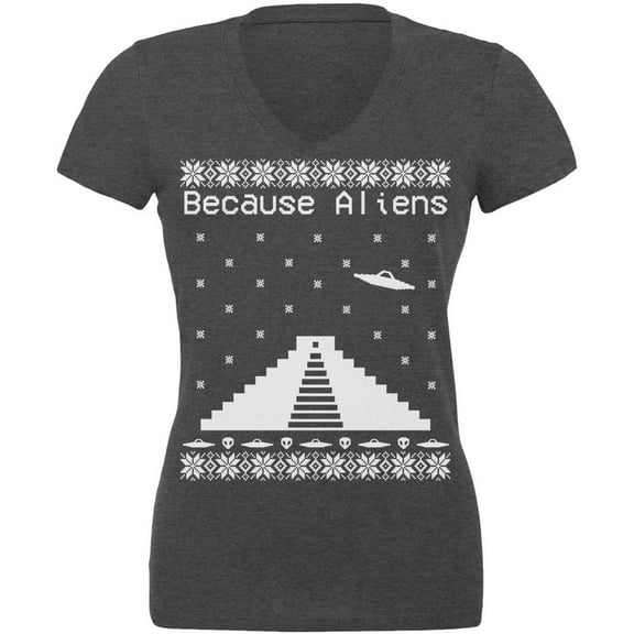 Because Aliens Pyramid Christmas Sweater Dark Heather Juniors V-Neck T-Shirt - Medium