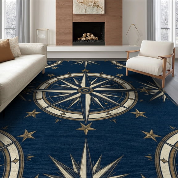 ODIKA 8'x10' Washable Area Rug Antique Seafaring Compass Medallion Distressed Sailing Theme for King Size Bedroom Under Bed, Master Suite, Non-Shedding, Easy Care