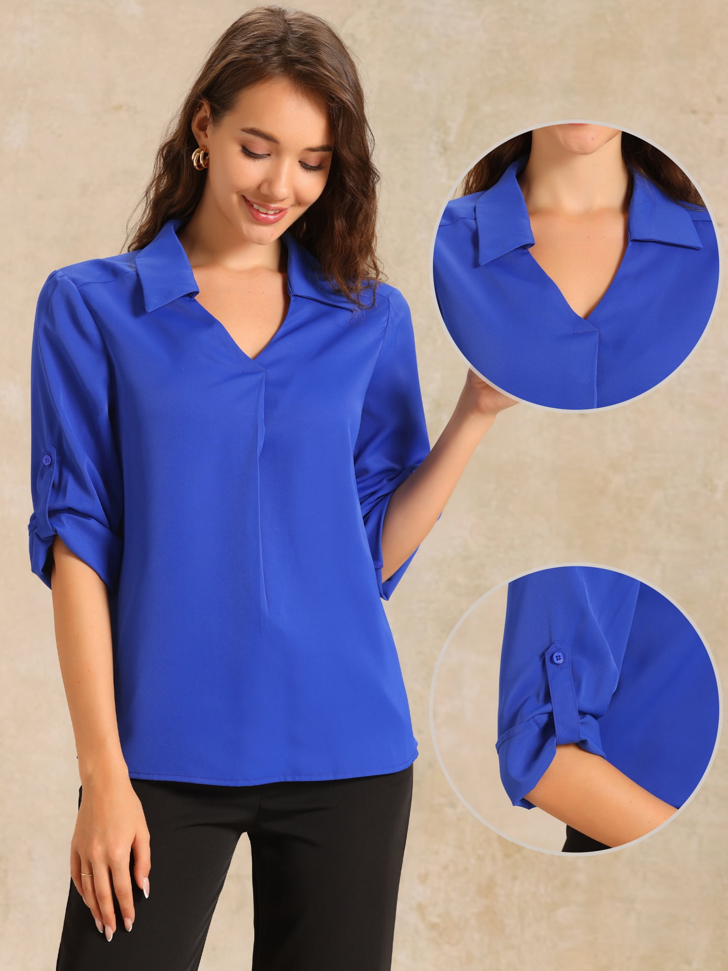 DARING DIVA Women's V Neck Collared Blouses with Roll Up 3/4 Sleeves S Royal Blue