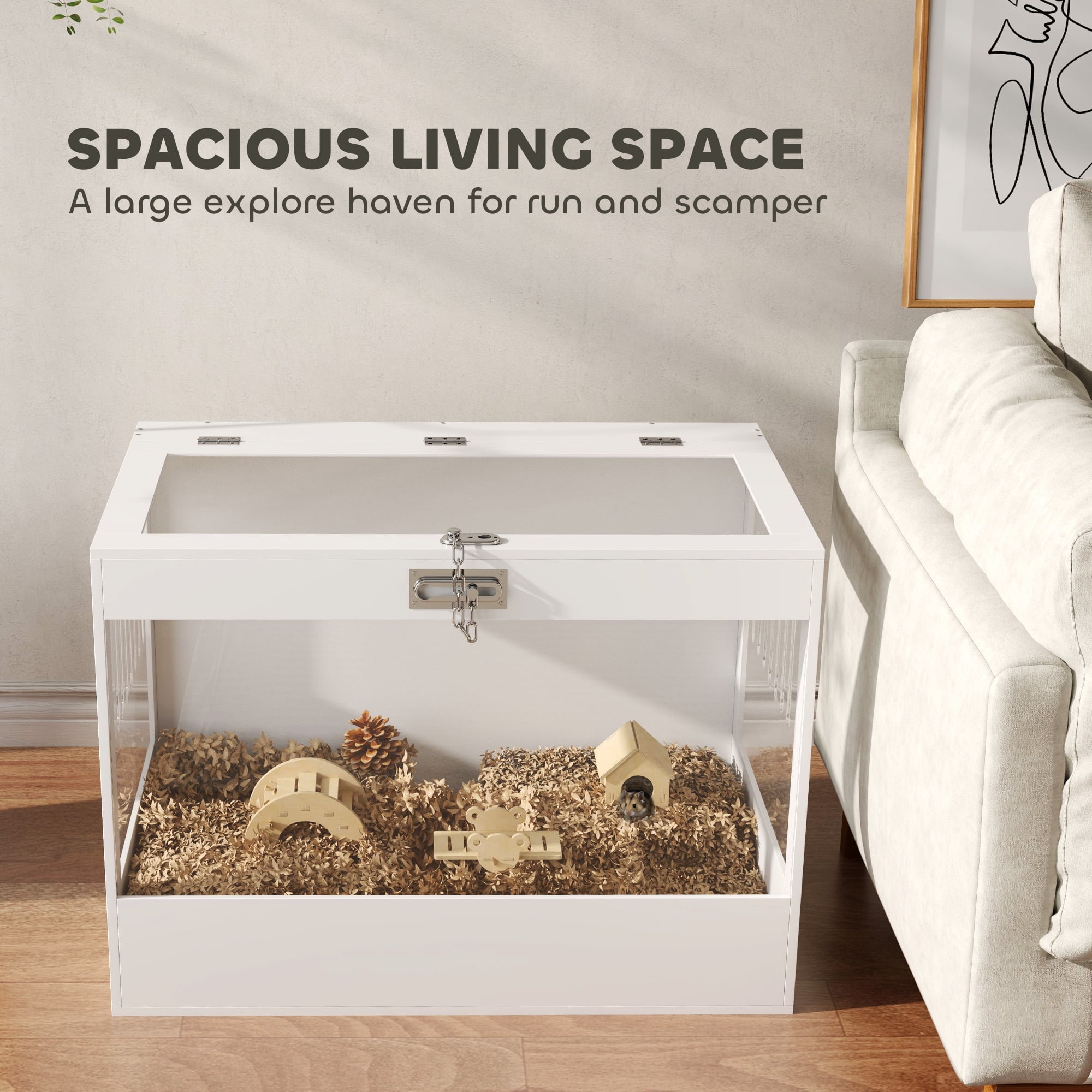 PawHut Hamster Cage with Openable Top, Hut, Seesaw, Ladder, Transparent Acrylic Panel Small Animal Habitat for Dwarf Hamster Gerbil, White