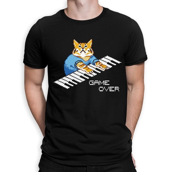 Pixel Cat Playing Keyboard Graphic T-Shirt Funny Gamer Cat Tee